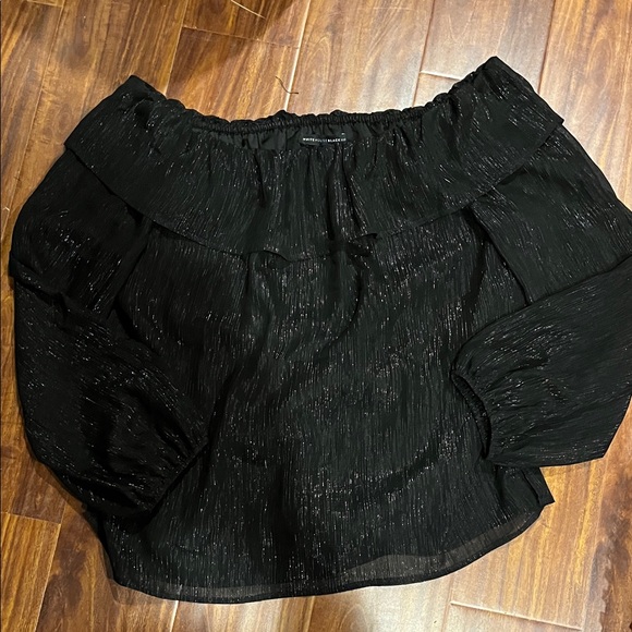 White House Black Market Shimmering Black Off-Shoulder Shirt - Picture 1 of 3
